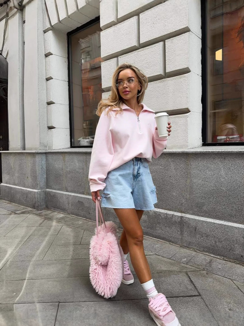 Susannah | Sweatshirt graphique à manches longues avec col large et fermeture éclair pour femmes
