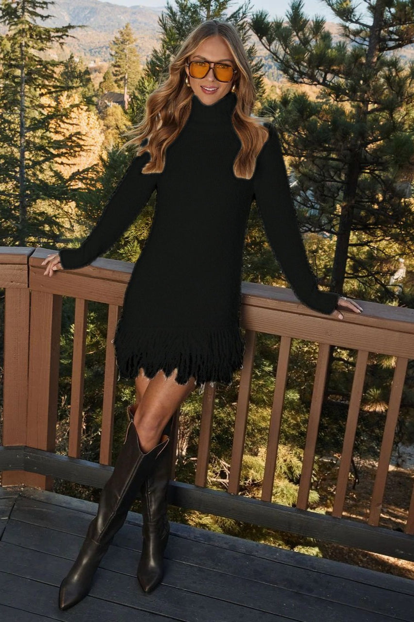 Sydney | Robe Pull Fuzzy Tricot à Col Roulé avec Ourlet Frangé pour Femmes