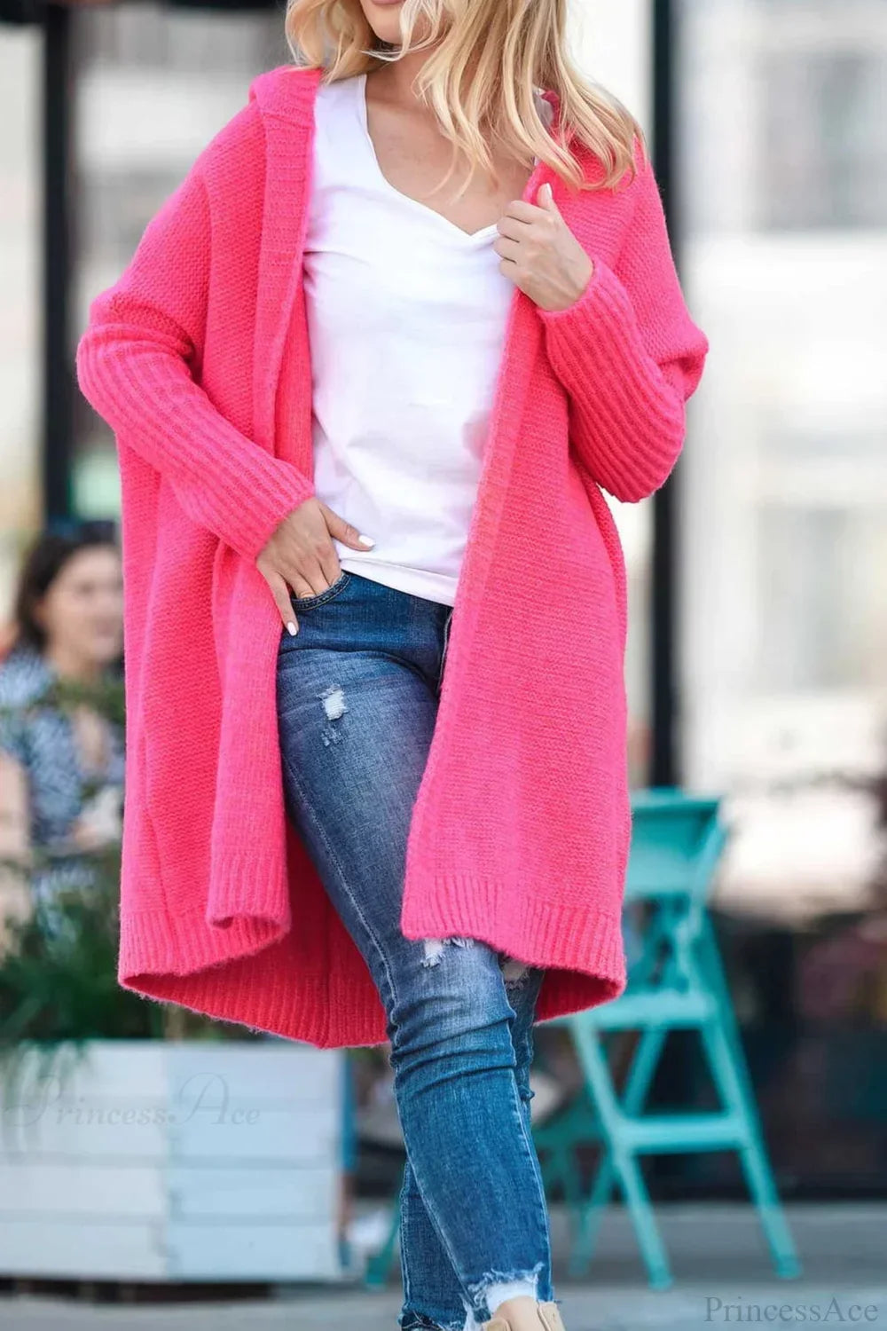 Yasmin | Cardigan long en tricot ouvert à capuche pour femmes