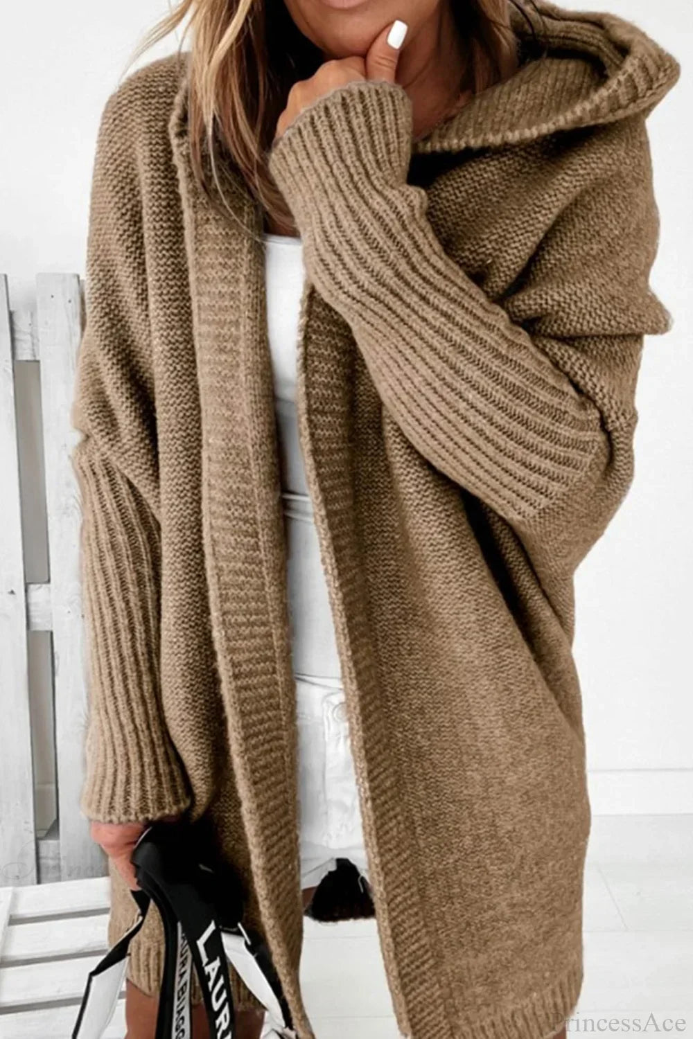 Yasmin | Cardigan long en tricot ouvert à capuche pour femmes