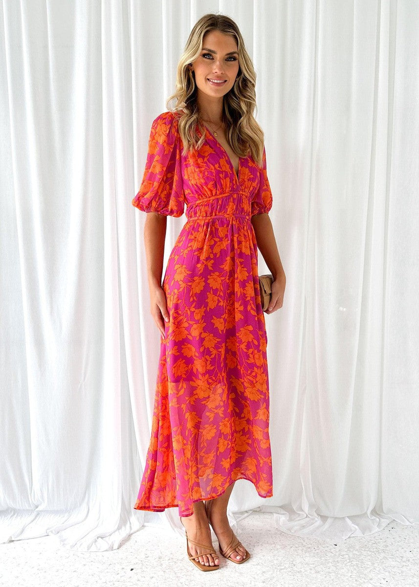 Katy™ - Robe midi élégante avec manches bouffantes et motif floral