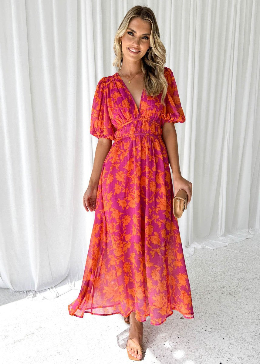 Katy™ - Robe midi élégante avec manches bouffantes et motif floral