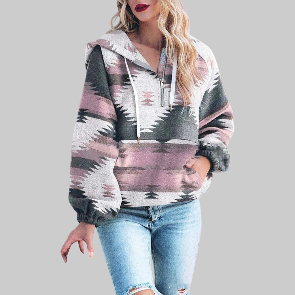 Sweat à capuche Femme | Motif ethnique & col zippé mi-hauteur