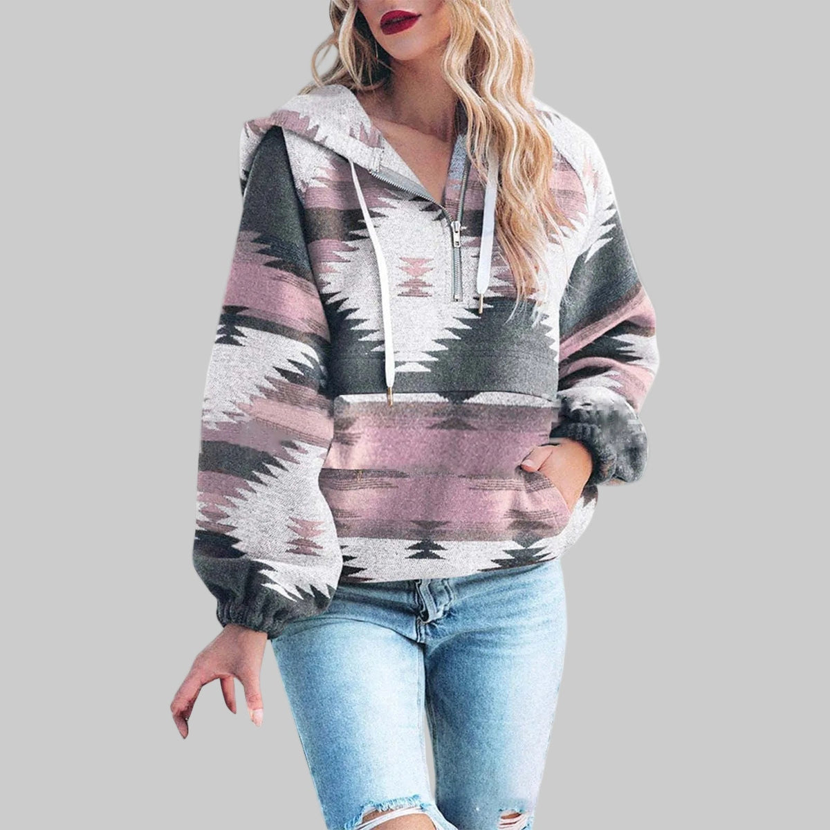 Sweat à capuche Femme | Motif ethnique & col zippé mi-hauteur