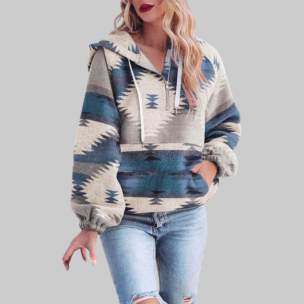 Sweat à capuche Femme | Motif ethnique & col zippé mi-hauteur