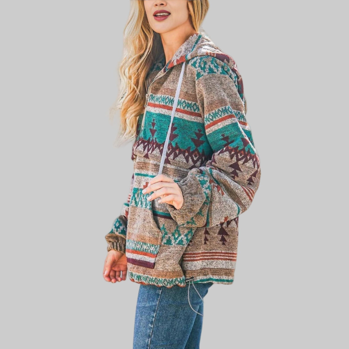 Sweat à capuche Femme | Motif ethnique & col zippé mi-hauteur