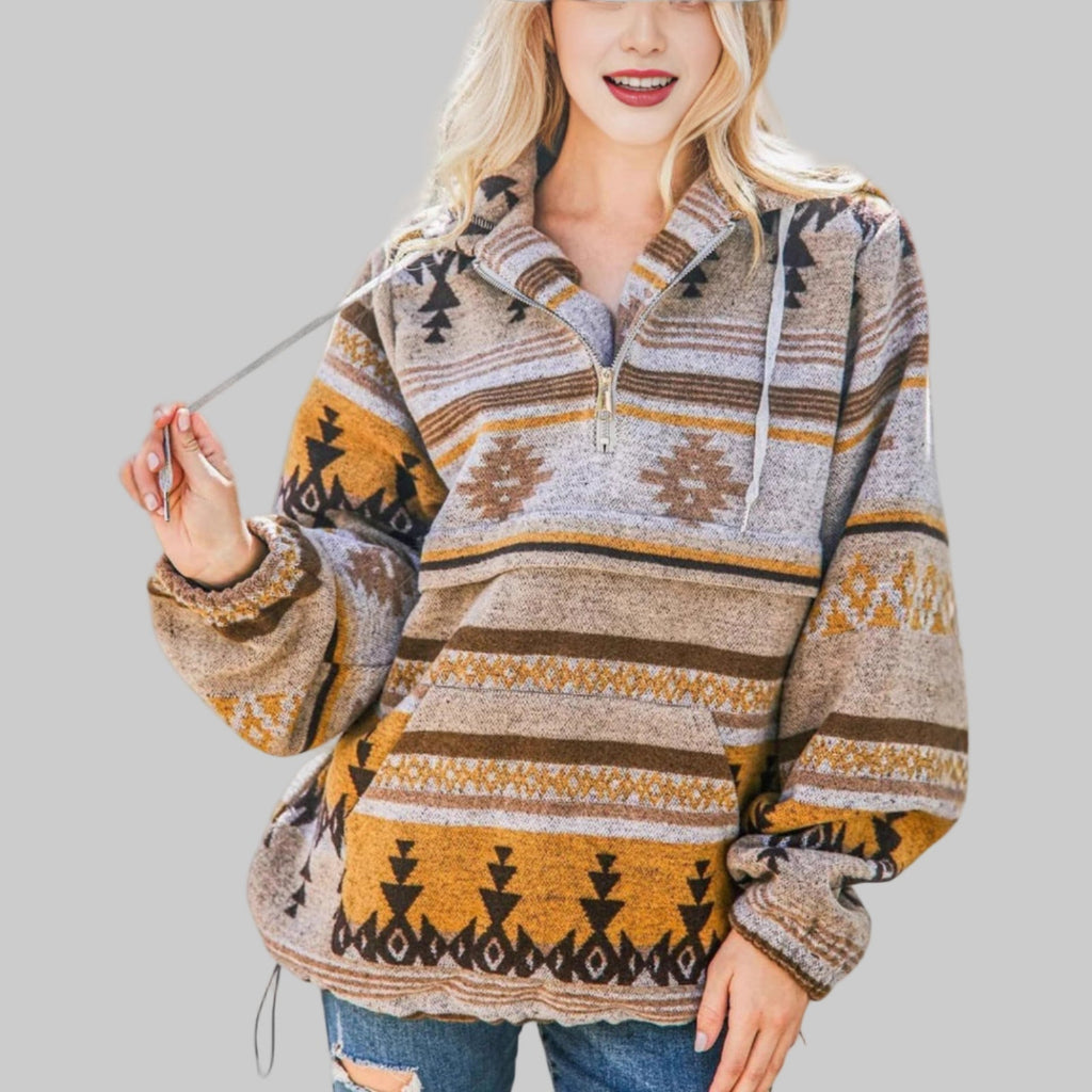 Sweat à capuche Femme | Motif ethnique & col zippé mi-hauteur