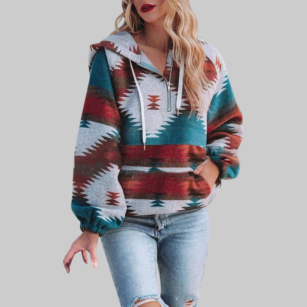 Sweat à capuche Femme | Motif ethnique & col zippé mi-hauteur