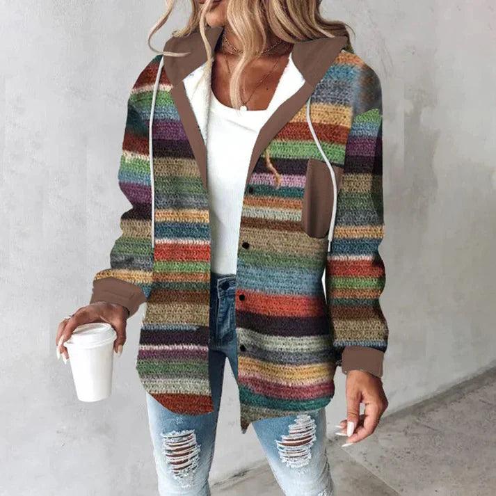 Sweat à capuche Femme | Motif rayé & patte de boutonnage