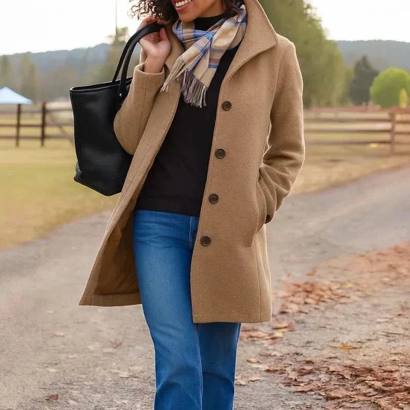 Manteau long femme boutonné à col montant élégant