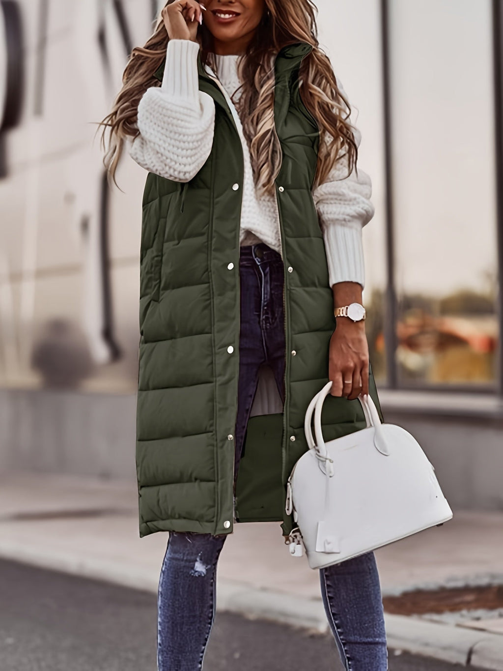 Veste en duvet élégante pour femme avec capuche et pressions