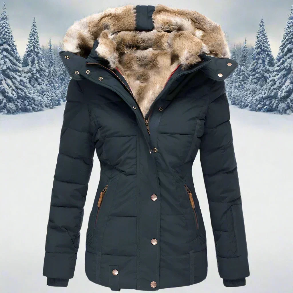 Veste femme stylée avec capuche et fausse fourrure
