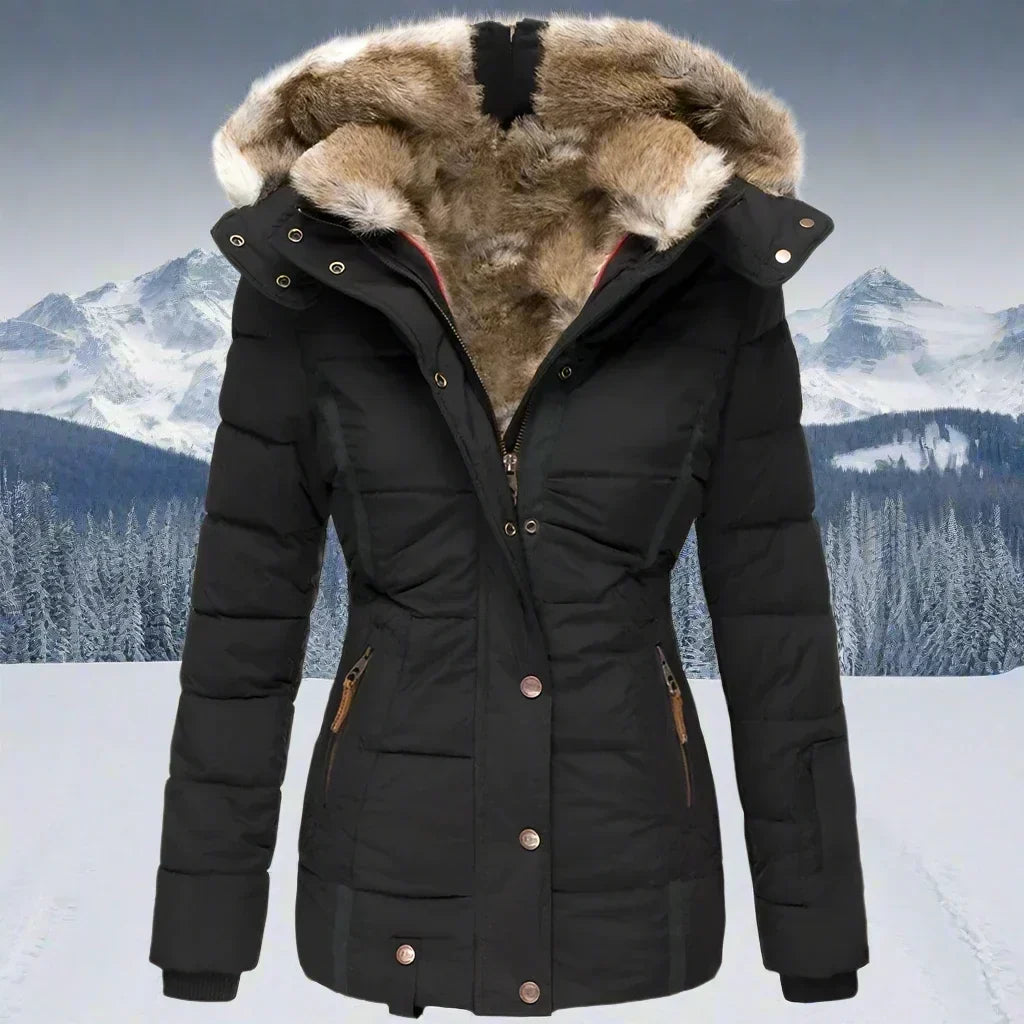 Veste femme stylée avec capuche et fausse fourrure