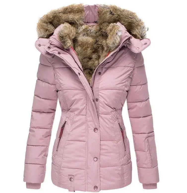 Veste femme stylée avec capuche et fausse fourrure