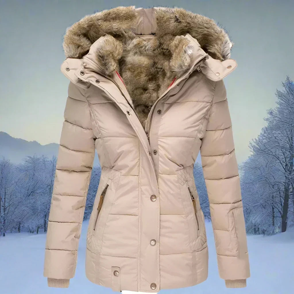Veste femme stylée avec capuche et fausse fourrure