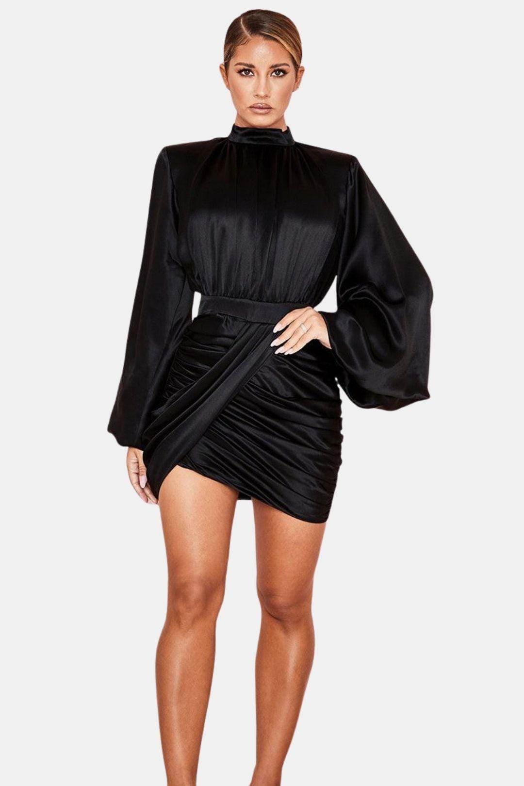 Robe Mini Avec Col Montant Et Manches Ballon Pour Femme | Idéal Pour Soirées Et Événements
