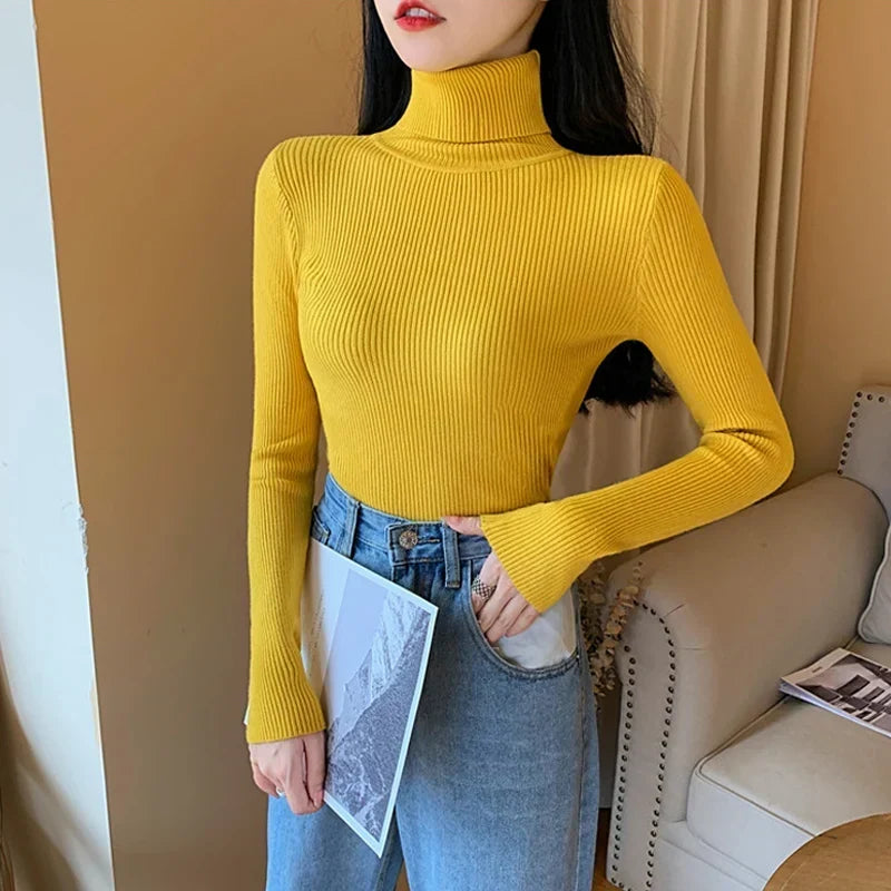 Pull Tricoté pour Femme avec Col Montant à Manches Longues