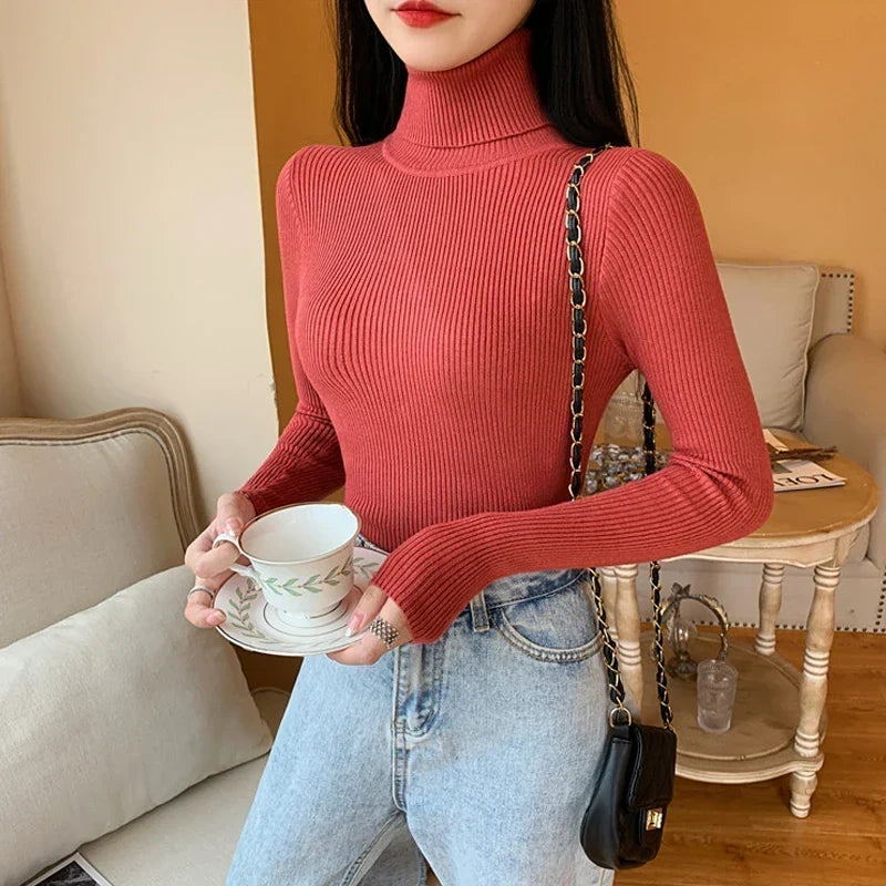 Pull Tricoté pour Femme avec Col Montant à Manches Longues