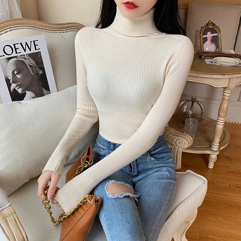 Pull Tricoté pour Femme avec Col Montant à Manches Longues