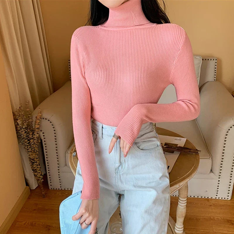 Pull Tricoté pour Femme avec Col Montant à Manches Longues