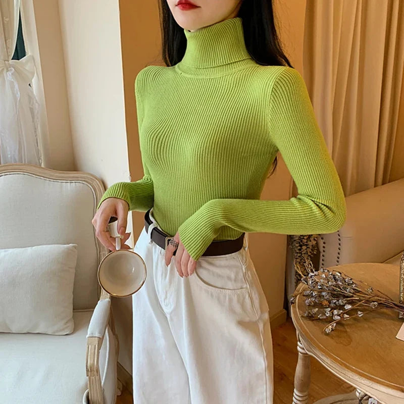 Pull Tricoté pour Femme avec Col Montant à Manches Longues