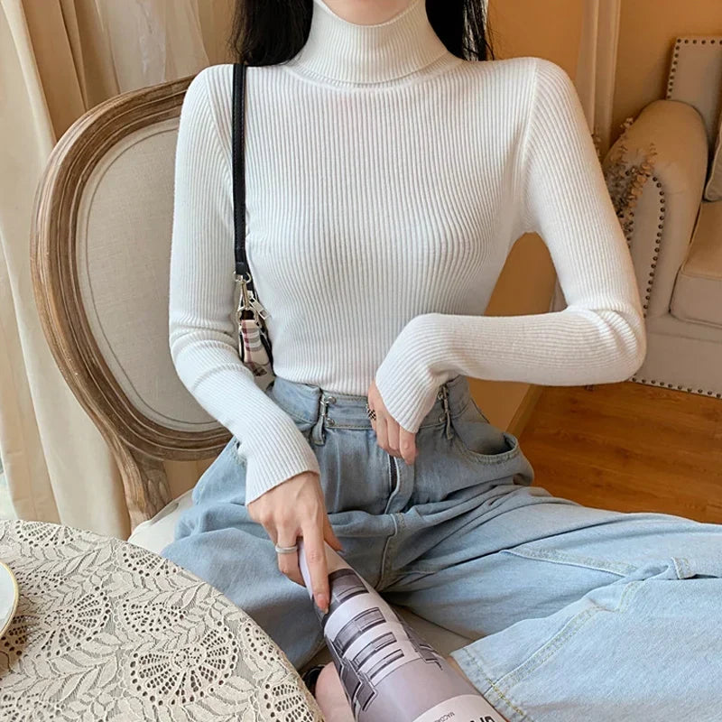 Pull Tricoté pour Femme avec Col Montant à Manches Longues