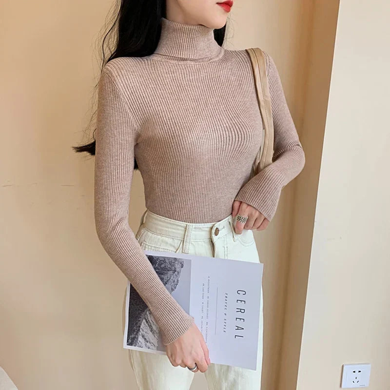 Pull Tricoté pour Femme avec Col Montant à Manches Longues