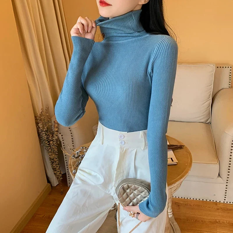 Pull Tricoté pour Femme avec Col Montant à Manches Longues