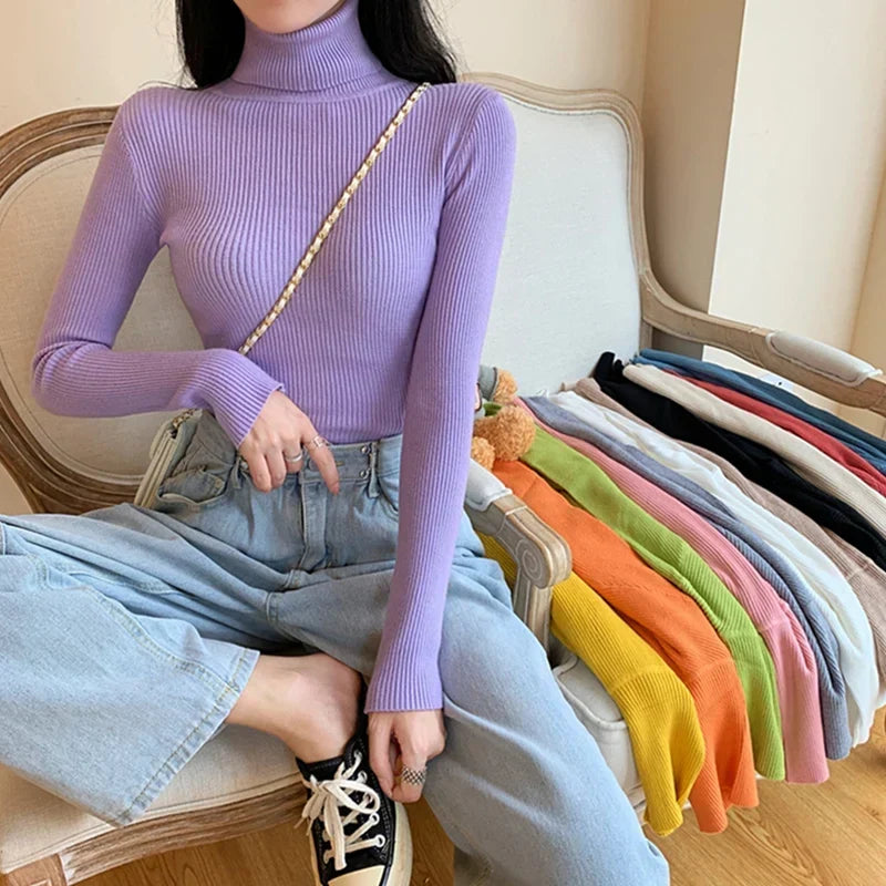 Pull Tricoté pour Femme avec Col Montant à Manches Longues