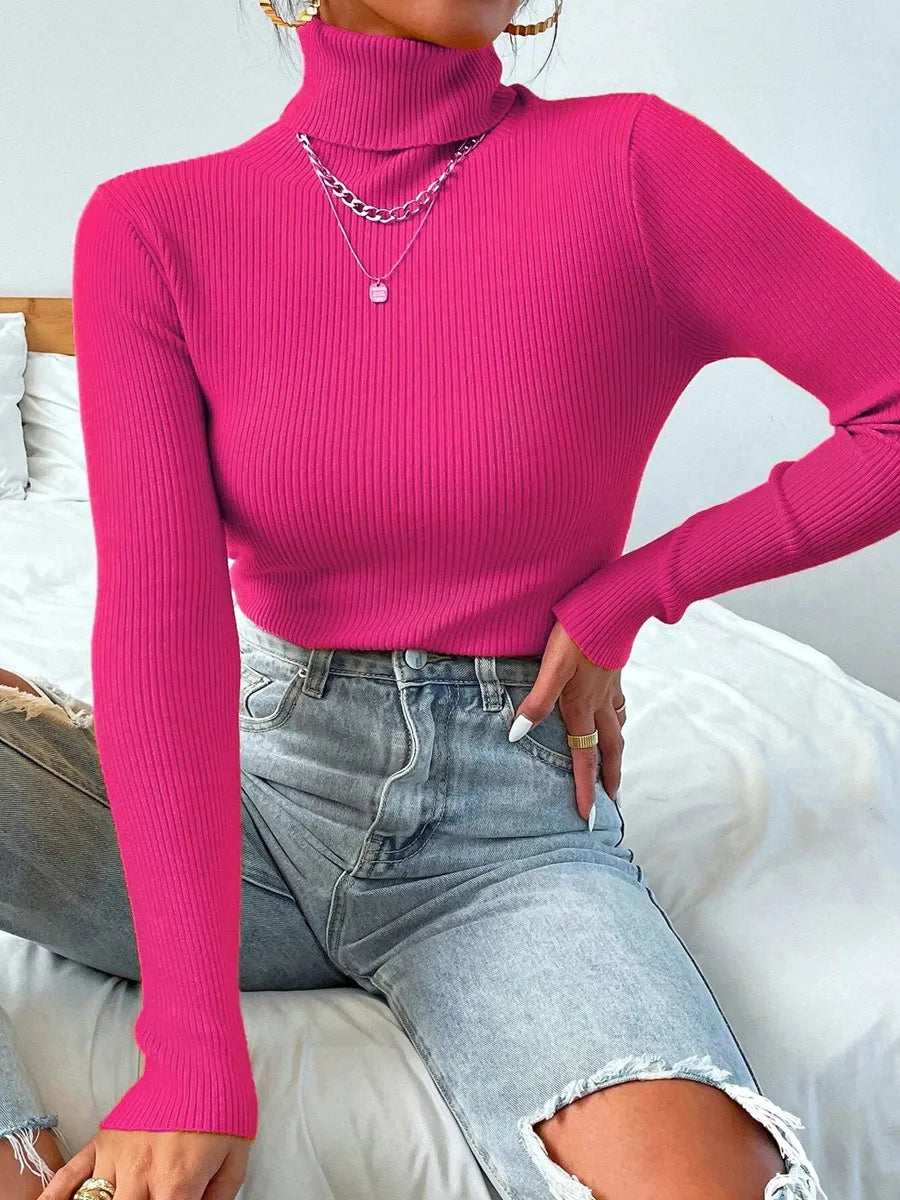 Pull Tricoté pour Femme avec Col Montant à Manches Longues