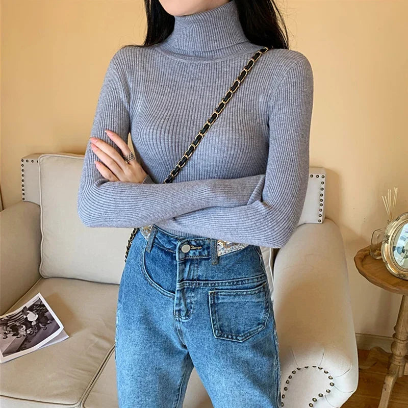 Pull Tricoté pour Femme avec Col Montant à Manches Longues