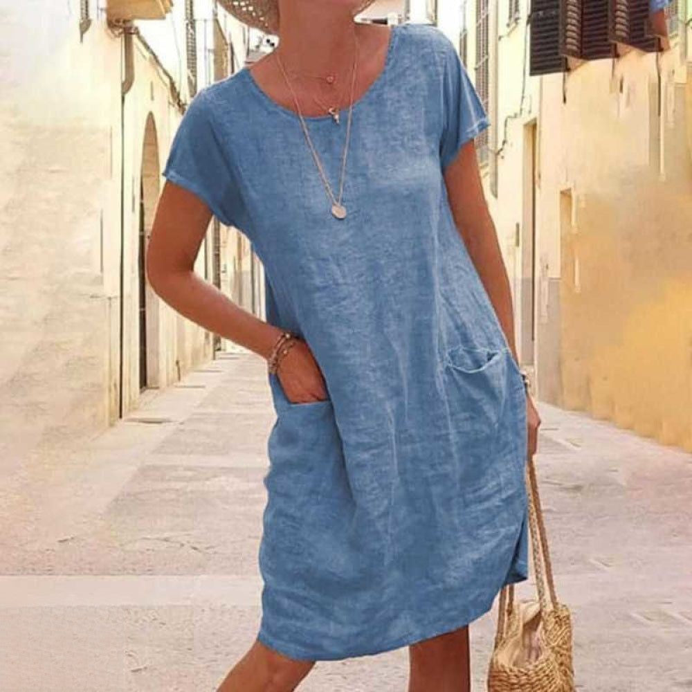 Edith | Robe mini femme avec col rond, manches courtes et poches