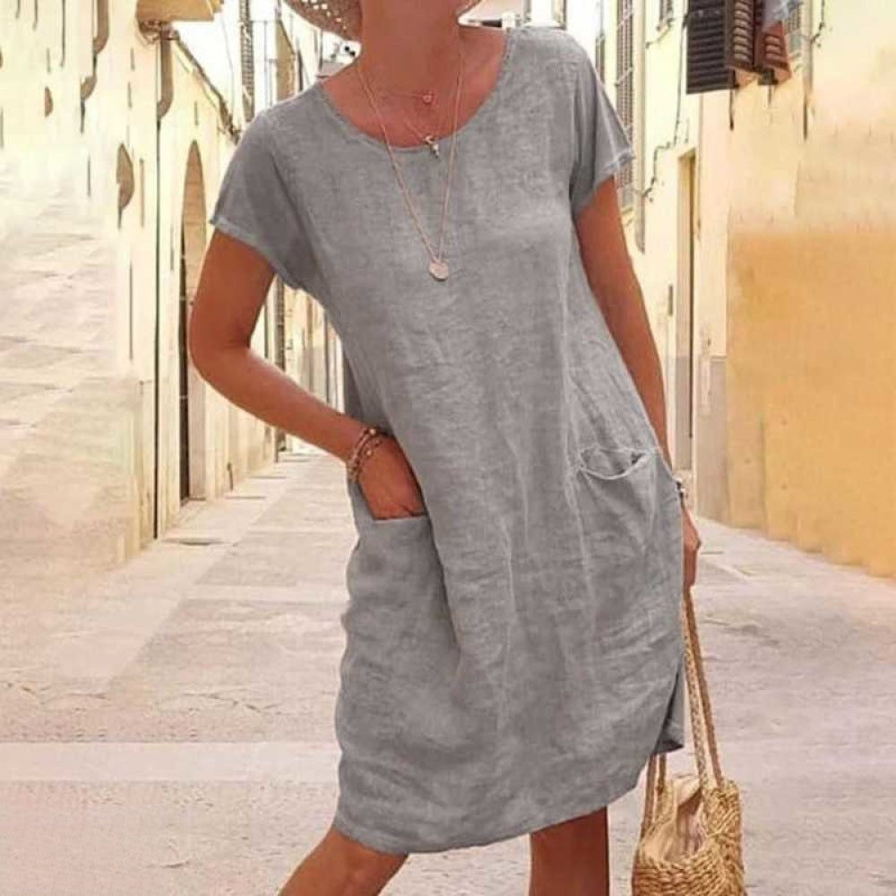 Edith | Robe mini femme avec col rond, manches courtes et poches