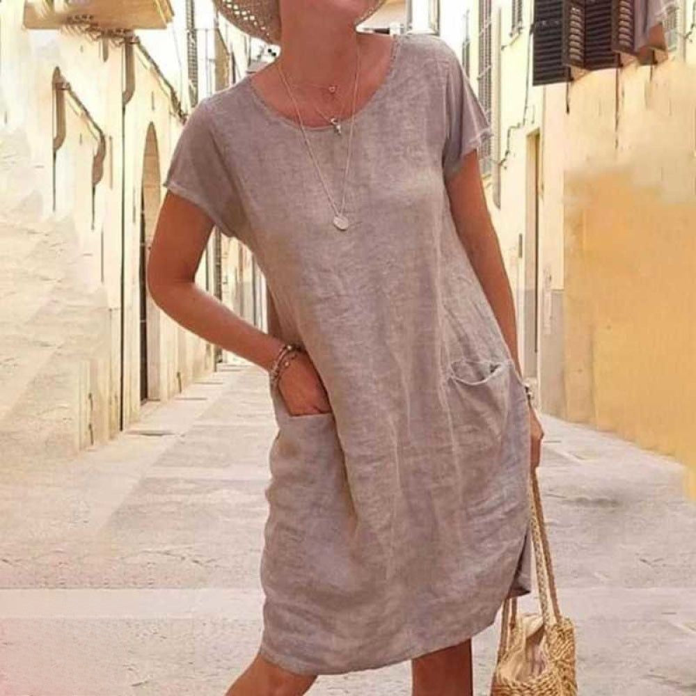 Edith | Robe mini femme avec col rond, manches courtes et poches