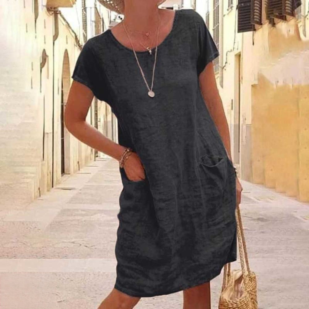 Edith | Robe mini femme avec col rond, manches courtes et poches