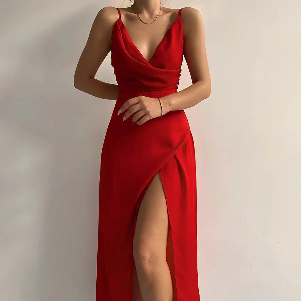 Robe Maxi d'Été pour Femmes | Effet Satin Drapé & Fente Haute