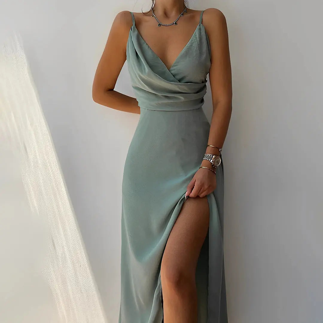 Robe Maxi d'Été pour Femmes | Effet Satin Drapé & Fente Haute