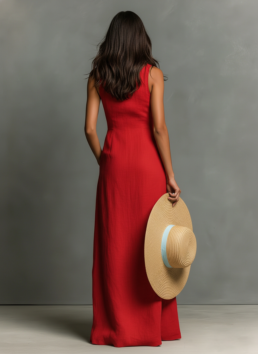 Robe chemise maxi sans col, sans manches et à boutonnière pour femmes