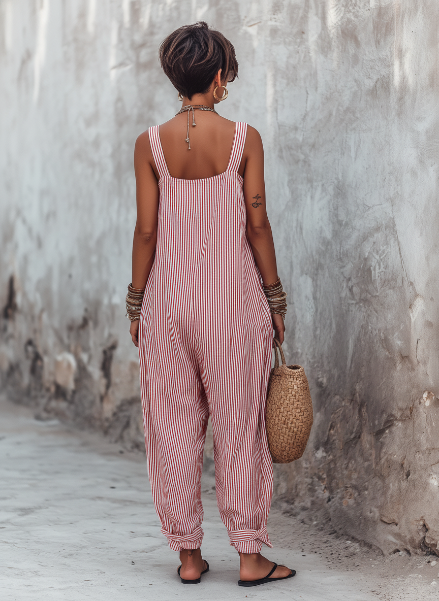 Jumpsuit minimaliste à rayures pour femmes avec décolleté carré, sans manches
