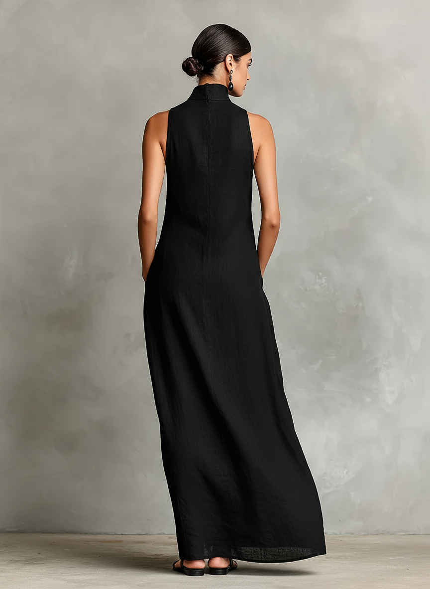 Robe maxi noire pour femmes avec col montant et poches latérales, robe décontractée intemporelle et minimaliste