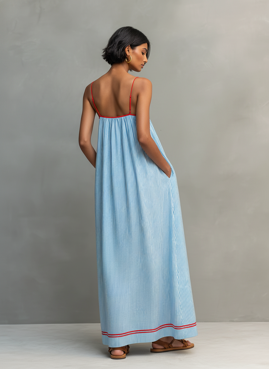 Robe maxi minimaliste à rayures pour femmes avec accents rouges et bretelles spaghetti
