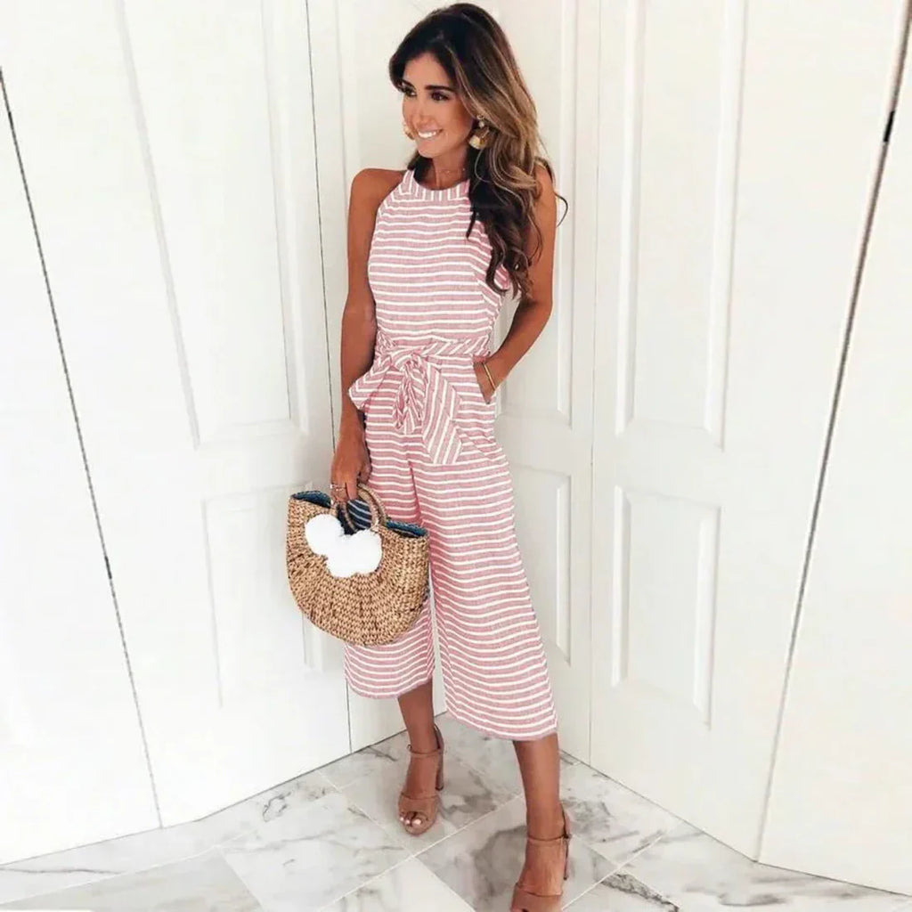 Combinaison Dos Nu À Rayures Avec Ceinture Ajustable Pour Femme | Idéale Pour Diverses Occasions