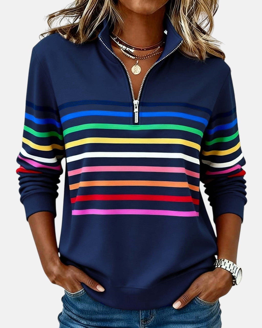 Leonie | Sweatshirt à rayures multicolores avec zip quart
