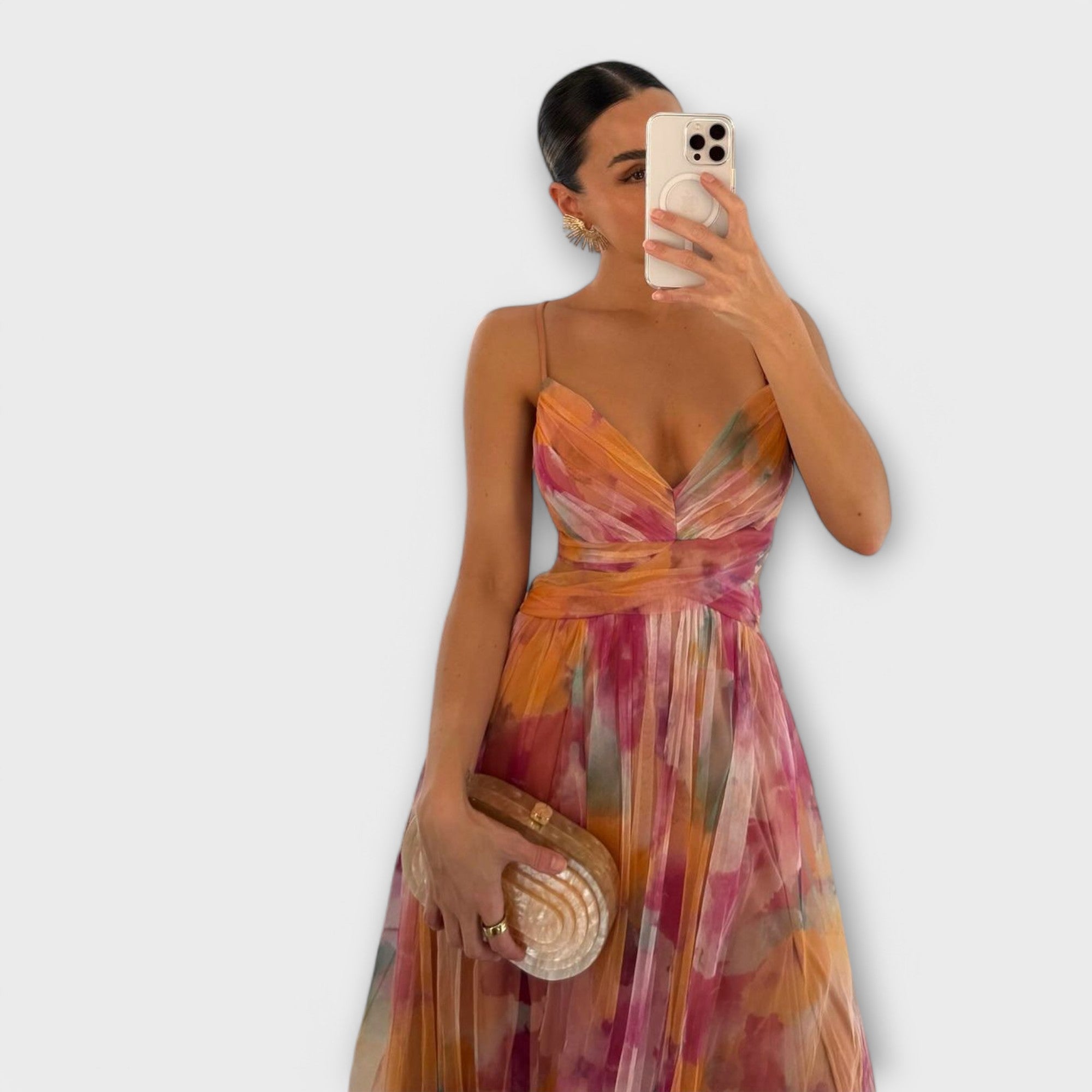 Robe Maxi Femme | Festive Tulle avec Imprimé Aquarelle & Découpe