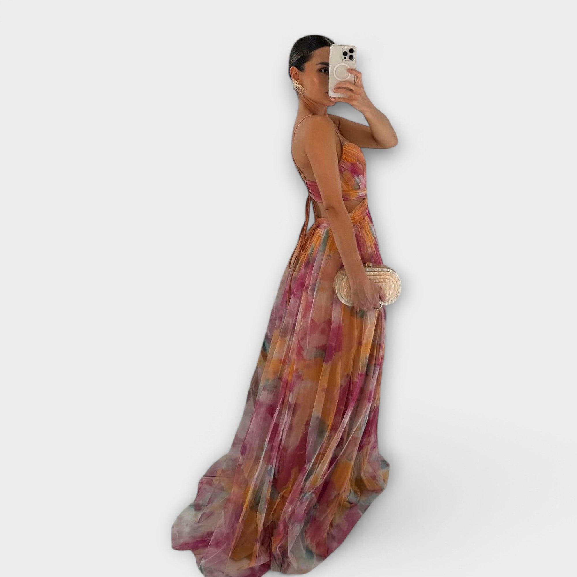 Robe Maxi Femme | Festive Tulle avec Imprimé Aquarelle & Découpe