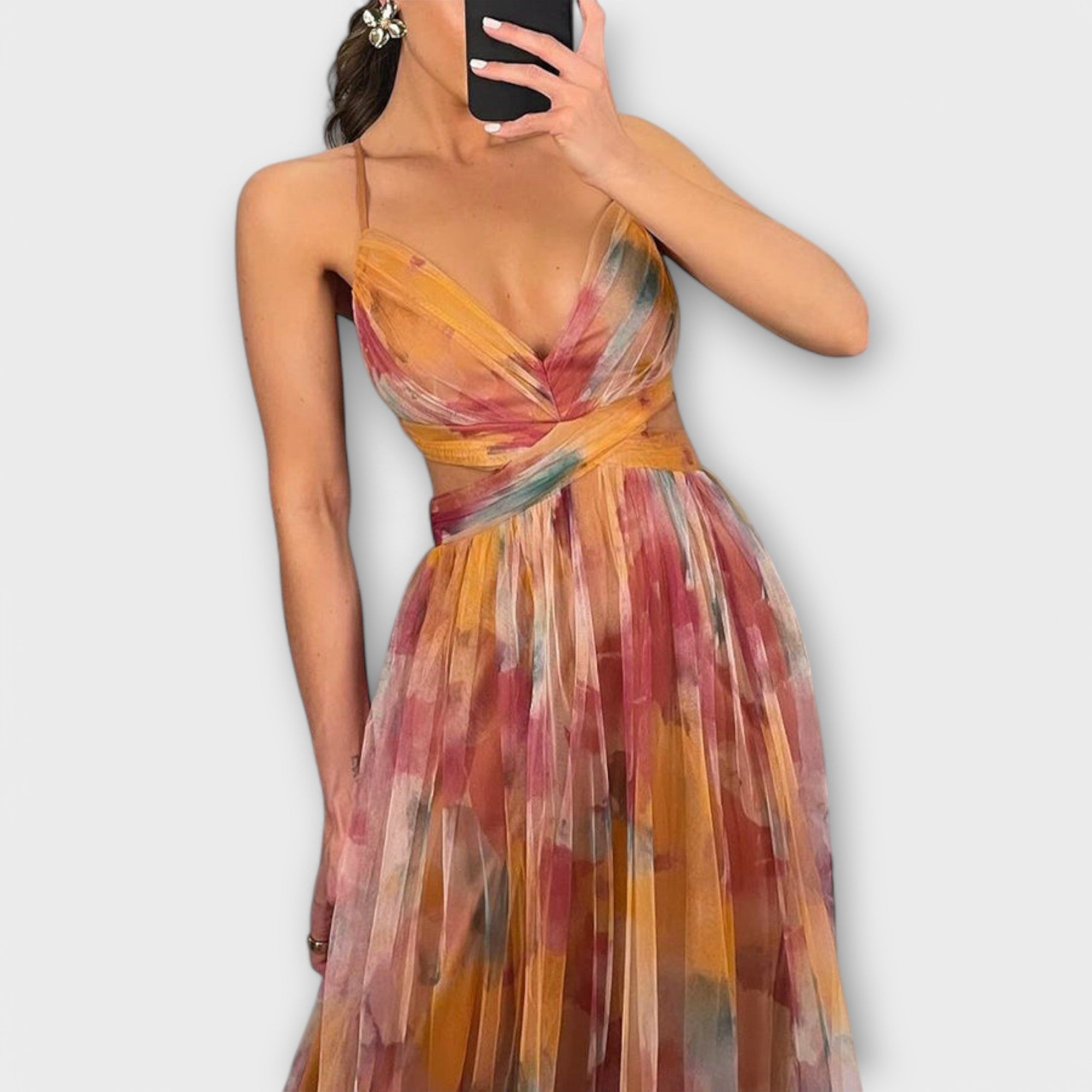 Robe Maxi Femme | Festive Tulle avec Imprimé Aquarelle & Découpe