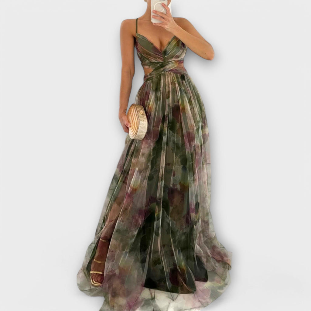 Robe Maxi Femme | Festive Tulle avec Imprimé Aquarelle & Découpe