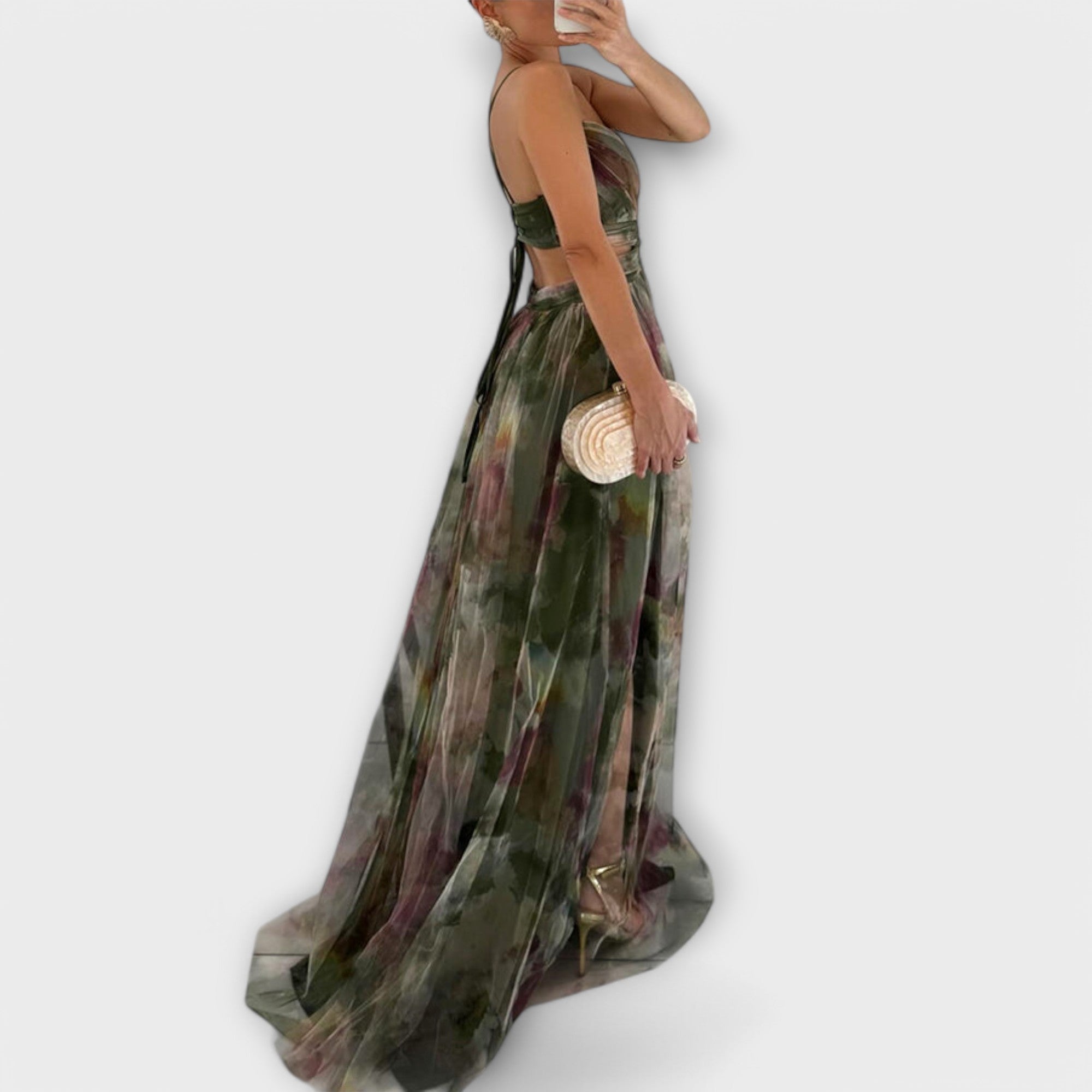 Robe Maxi Femme | Festive Tulle avec Imprimé Aquarelle & Découpe