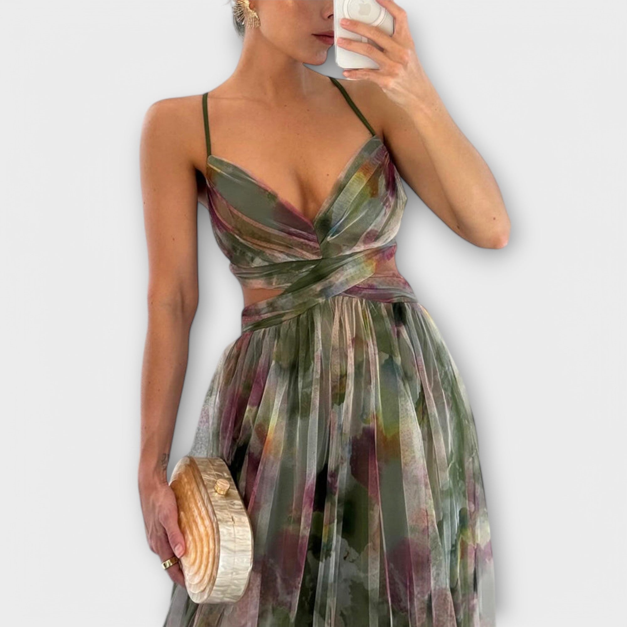 Robe Maxi Femme | Festive Tulle avec Imprimé Aquarelle & Découpe