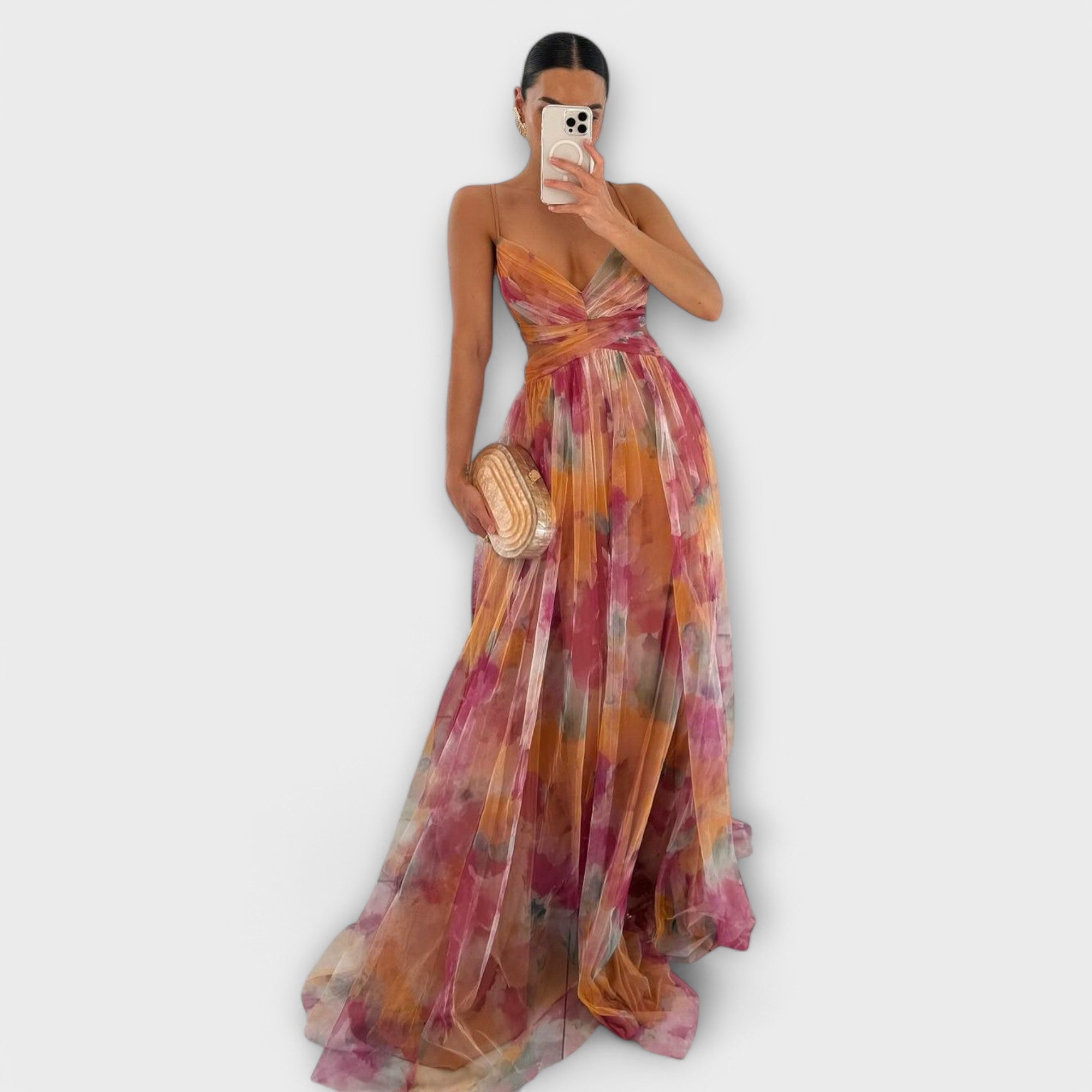 Robe Maxi Femme | Festive Tulle avec Imprimé Aquarelle & Découpe